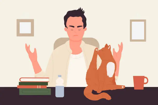 Vector illustration of Pet owner people and own animals, cat washing licking, young man scolding funny kitty