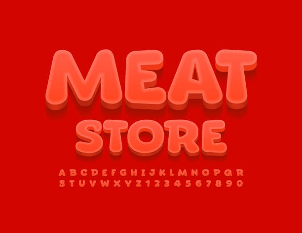 illustrations, cliparts, dessins animés et icônes de vector logo lumineux meat store. ensemble de lettres et de nombres d’alphabet de modèle comique - butcher butchers shop meat store