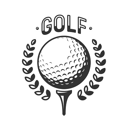 Golf vector logo. Golf ball on tee with wreath. Vector illustration, isolated on a white background