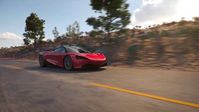 Red supercar going on Road. 3d seamless animation - fast