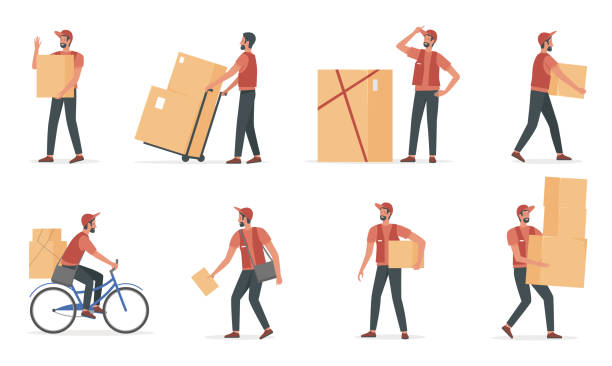 Courier people work in delivery service set, young deliveryman holding cardboard box Courier people work in delivery service vector illustration set. Cartoon young deliveryman character holding cardboard box, man working, postman shipping postal parcel package isolated on white carrying stock illustrations