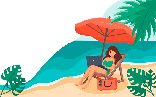 A woman sits on a chaise longue with a laptop on her lap, under an umbrella, against the sea. The concept of freelancing, online training , social networks.
