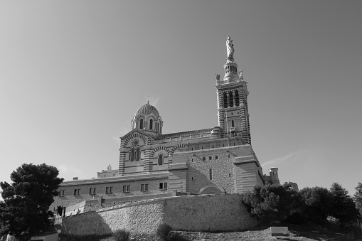 Black and white view of the Notre Dame De La Garde Basilica