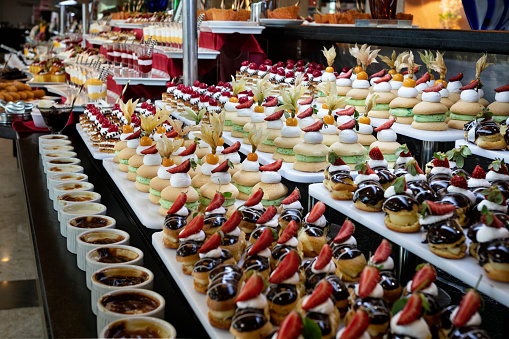 Dessert Buffet in Hotel Restaurant. Stock Photo
