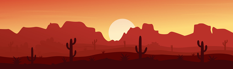 Mexican, Texas or Arisona desert nature at sunset night vector illustration. Cartoon flat natural deserted Mexico landscape mountain canyon silhouettes, dunes, cactuses and dry plants