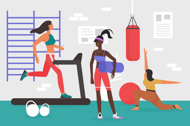 ilustrações, clipart, desenhos animados e ícones de pessoas praticando esportes em academia, jovem mulher esportiva treinando corpo na esteira - kettle bell sport women muscular build