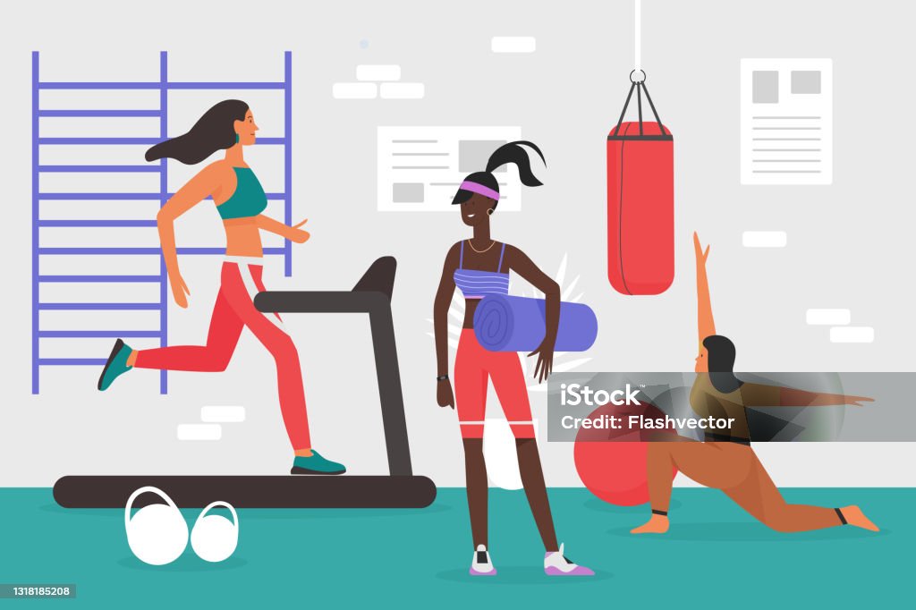 People Doing Sports Workout In Gym Young Sportive Woman Training Body On  Treadmill Stock Illustration - Download Image Now - iStock