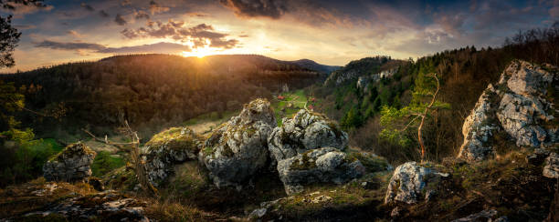 Panoramic view from the limestone peak to Pradnik Valley. Ojcowski National Park. Poland