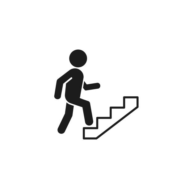 Upstairs icon sign. Walking man in the stairs flat design. Vector isolated illustration Upstairs icon sign. Walking man in the stairs flat design. Vector isolated illustration. cash in transit vehicle stock illustrations