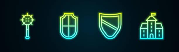 istock Set line Medieval chained mace ball, Shield, and Castle, fortress. Glowing neon icon. Vector 1318188257