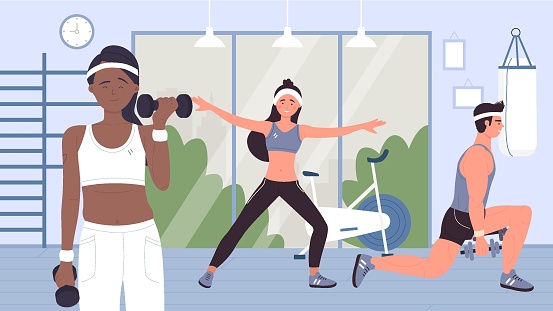 People doing sports workout with dumbbells in gym vector illustration. Cartoon active young sportive woman man characters in sportswear training with sport equipments, healthy lifestyle background