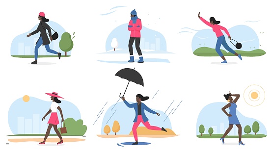 Woman and weather of four seasons vector illustration set. Cartoon young female character walking in snowy landscape in winter, holding umbrella in autumn and spring, enjoying summer isolated on white
