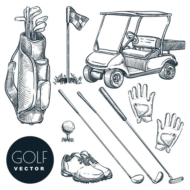 ilustrações, clipart, desenhos animados e ícones de ícones desenhados à mão pelo vetor do clube de golfe e elementos de design definidos. carrinho de golfe, bola, clube, bolsa, acessórios esboço ilustração - golf club