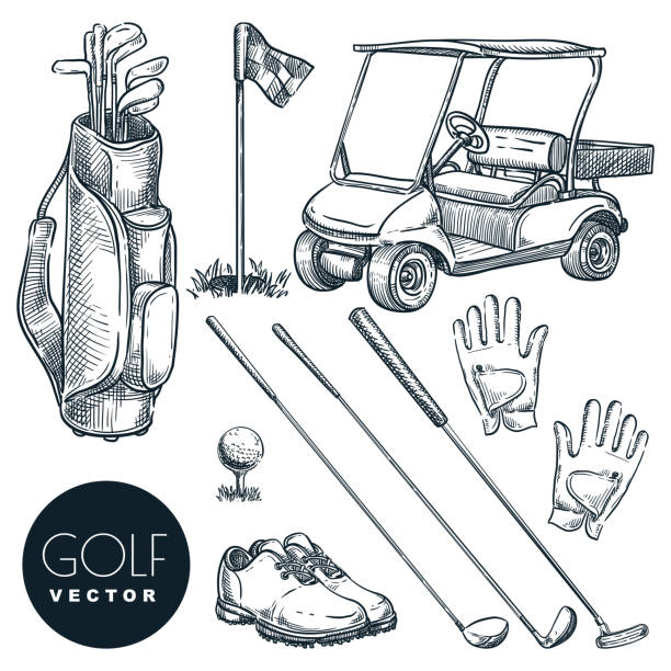 golf kulübü vektör elle çizilmiş simgeler ve tasarım öğeleri seti. golf arabası, top, kulüp, çanta, aksesuar kroki illüstrasyon - golf stock illustrations