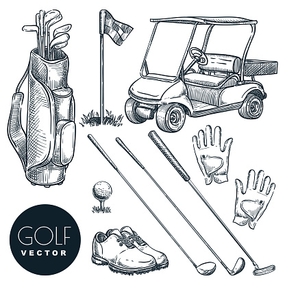 Golf club vector hand drawn icons and design elements set. Golf cart, ball, club, bag and accessories sketch illustration. Outdoor leisure activity stuff