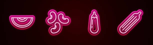 istock Set line Melon fruit, Beans, Eggplant and Fresh cucumber. Glowing neon icon. Vector 1318191350