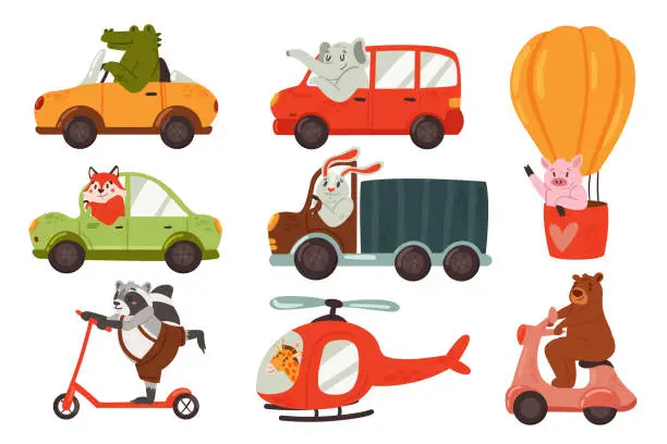 Vector illustration of Animals drive car vehicle transport set, funny drivers bunny rabbit elephant fox raccoon