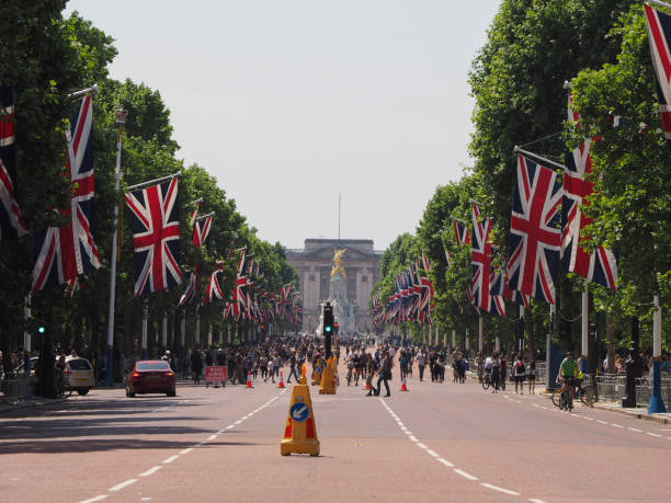 London, Uk - Circa June 2018: Union Jack flags on the Mall for the celebration of the Queen birthday with Buckingham Palace in the background