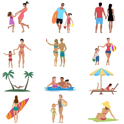 People and families on the beach, concept clip-art illustrations.