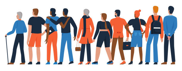 People crowd stand back together, diverse group of adult man woman standing in row People crowd stand back together vector illustration set. Cartoon diverse group of adult man woman characters standing in row, backside diversity community crowd of different ages isolated on white man touching womans buttock stock illustrations