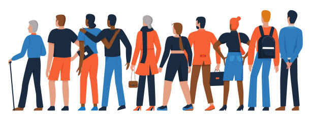 People crowd stand back together, diverse group of adult man woman standing in row People crowd stand back together vector illustration set. Cartoon diverse group of adult man woman characters standing in row, backside diversity community crowd of different ages isolated on white pics of girls buttocks stock illustrations