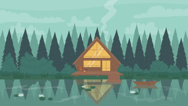 Fisherman modern wooden stilt house in forest, mountain landscape, water of lake or river Fisherman modern wooden stilt house in forest vector illustration. Cartoon mountain landscape, reflection of riverside cabin cottage with window lighting in calm waters of lake or river background cottage life stock illustrations