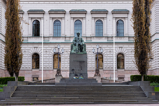 Helsinki, Finland - May 15th 2021: Many buildings downtown Helsinki were built during Russian occupation. Facades near Senate Square resemble buildings in Russian cities.