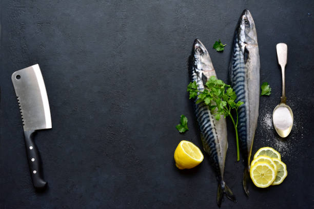 istock Raw organic mackerel with ingredients for making 1318197535