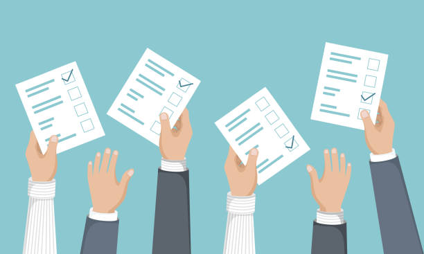 istock Voting or volunteering concept. People's hands holding vote ballots. Flat vector illustration 1318197712