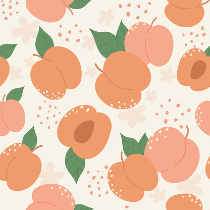 Peach or apricot fruit seamless pattern design vector illustration set. Cartoon summer peachy trendy botany texture with whole and half orange peach, nectarine branch, green leaves and white flowers