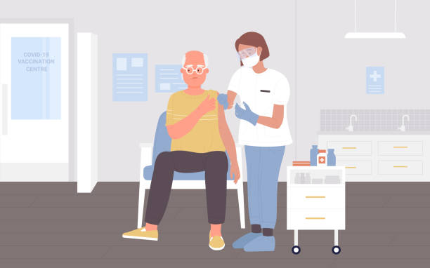 Vaccination, disease treatment, doctor character making vaccine injection to old senior patient Vaccination, disease treatment, medicine vector illustration. Cartoon woman doctor character making vaccine injection to old senior man patient in interior of hospital clinic background senior getting flu shot stock illustrations
