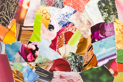 Bright collage from torn pieces of magazine paper. Abstract creative background from colorful clippings with magazine paper.