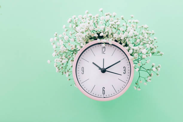 istock Creative minimalistic composition with a Clock. Alarm clock with flowers. Top view. On a turquoise background 1318202378