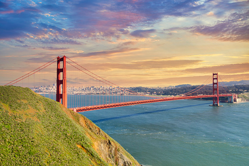 The Golden Gate Bridge in San Francisco California at sunset.