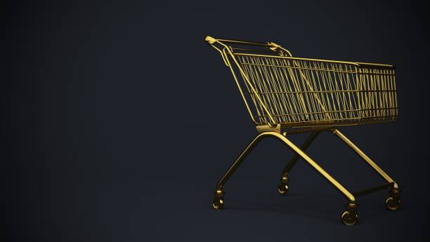 istock 3d rendering. golden supermarket cart on black background 1318205526