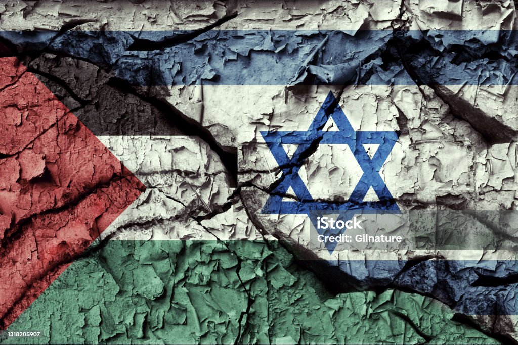Israel Palästinenser Konflikt Einfach Erklärt Flaggen Von Palästina Und Israel Auf Rissige Wand Gemalt