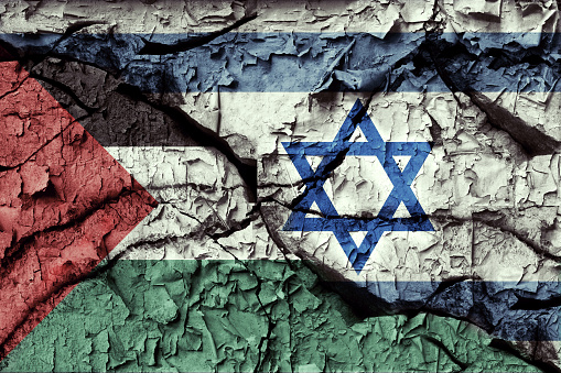 Flags of Palestine and Israel painted on cracked wall. Palestinian conflict concept. 3D illustration