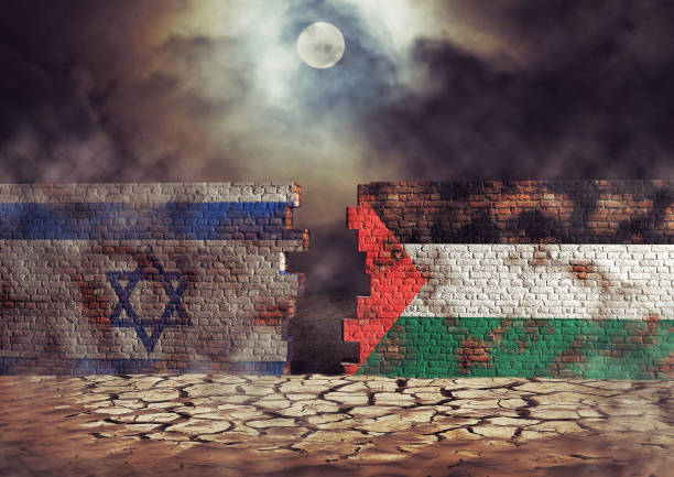 Flags of Palestine and Israel painted on cracked wall. Palestinian conflict concept Flags of Palestine and Israel painted on cracked wall. Palestinian conflict concept. 3D illustration gaza strip photos stock pictures, royalty-free photos & images