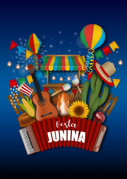 ilustraciones, imágenes clip art, dibujos animados e iconos de stock de cartel de festa junina. fondo del festival brasileño de junio con coloridos banderines, linternas y otros elementos - sombrero de paja