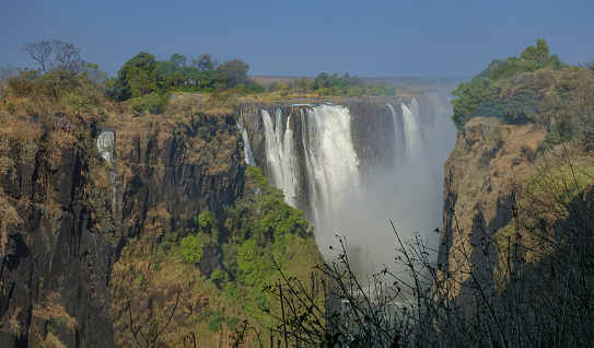 Much of the great gorge of Victoria Falls is without cascades in this year of drought.  Even so, one can enjoy the sound and sight of the waters of the Zambezi River rushing into the chasm.