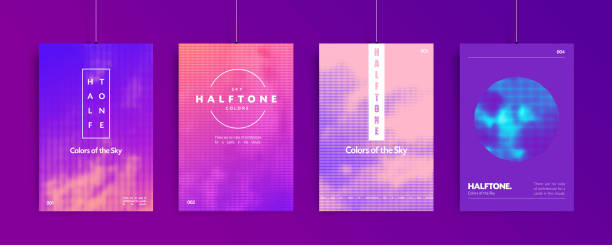 istock Trendy colorful poster set. Halftone sky background and abstract geometric shapes. Modern creative vector cover templates 1318212033