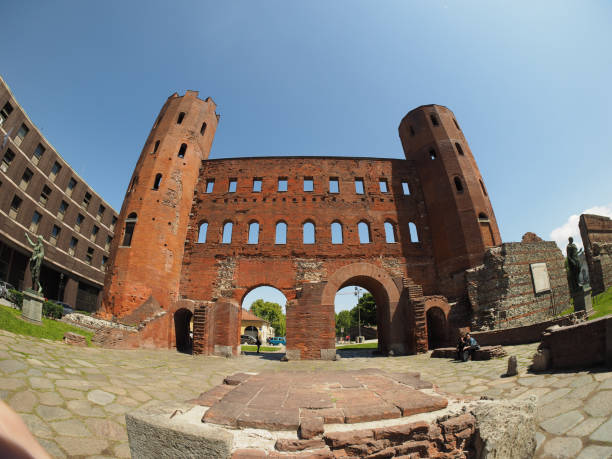 Palatine Gate in Turin Turin, Italy - Circa May 2019: Porta Palatina (Palatine Gate) ruins with fisheye lens torri gate stock pictures, royalty-free photos & images