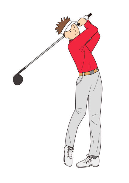 illustrazioni stock, clip art, cartoni animati e icone di tendenza di golfista maschio che colpisce tee shot - golf golf club golf course teeing off