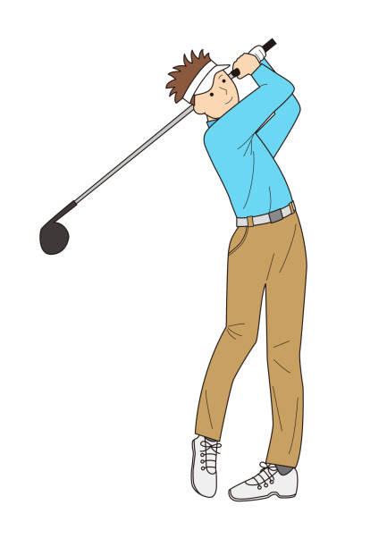 illustrazioni stock, clip art, cartoni animati e icone di tendenza di golfista maschio che colpisce tee shot - golf golf club golf course teeing off