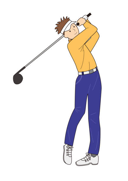 illustrazioni stock, clip art, cartoni animati e icone di tendenza di golfista maschio che colpisce tee shot - golf golf club golf course teeing off