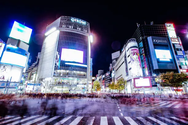 Shibuya scramble intersection of night view. Shooting Location: Tokyo metropolitan area