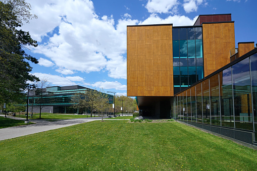 Ontario, Canada - May 14, 2021:  Modern architecture at the suburban Mississauga campus of the University of Toronto.