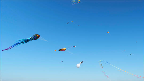 istock Kites flying in clear blue sky. Childhood fun. 1318237105