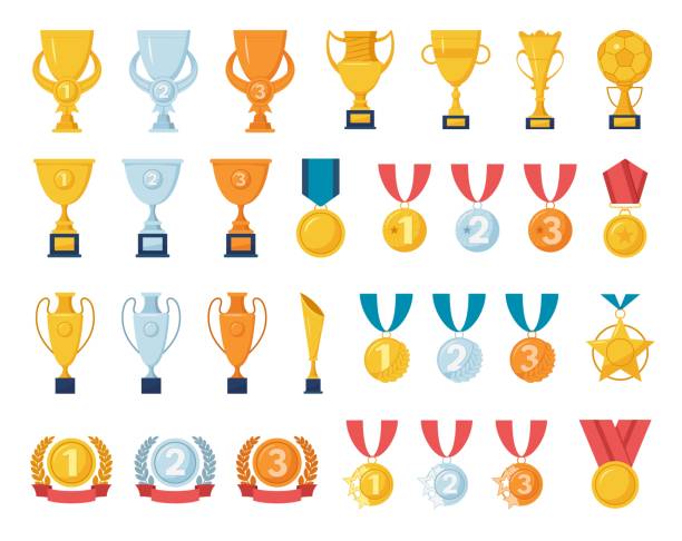 ilustrações, clipart, desenhos animados e ícones de prêmio de troféus. jogos esportivos prêmio do campeonato da copa ouro. taças de troféus do primeiro lugar. ouro, prata, medalhas de bronze ou medalhas de vetor - trophy award vector silver