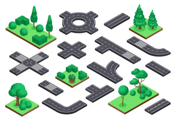 Vector illustration of Isometric road and nature elements. Asphalt street, ring road, crossroad. Tree plants, bushes for city map landscape design vector set